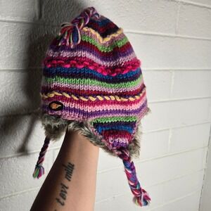 Everest Designs Women Beanie Multicolor Striped Wool Earflap Hat Retro Winter